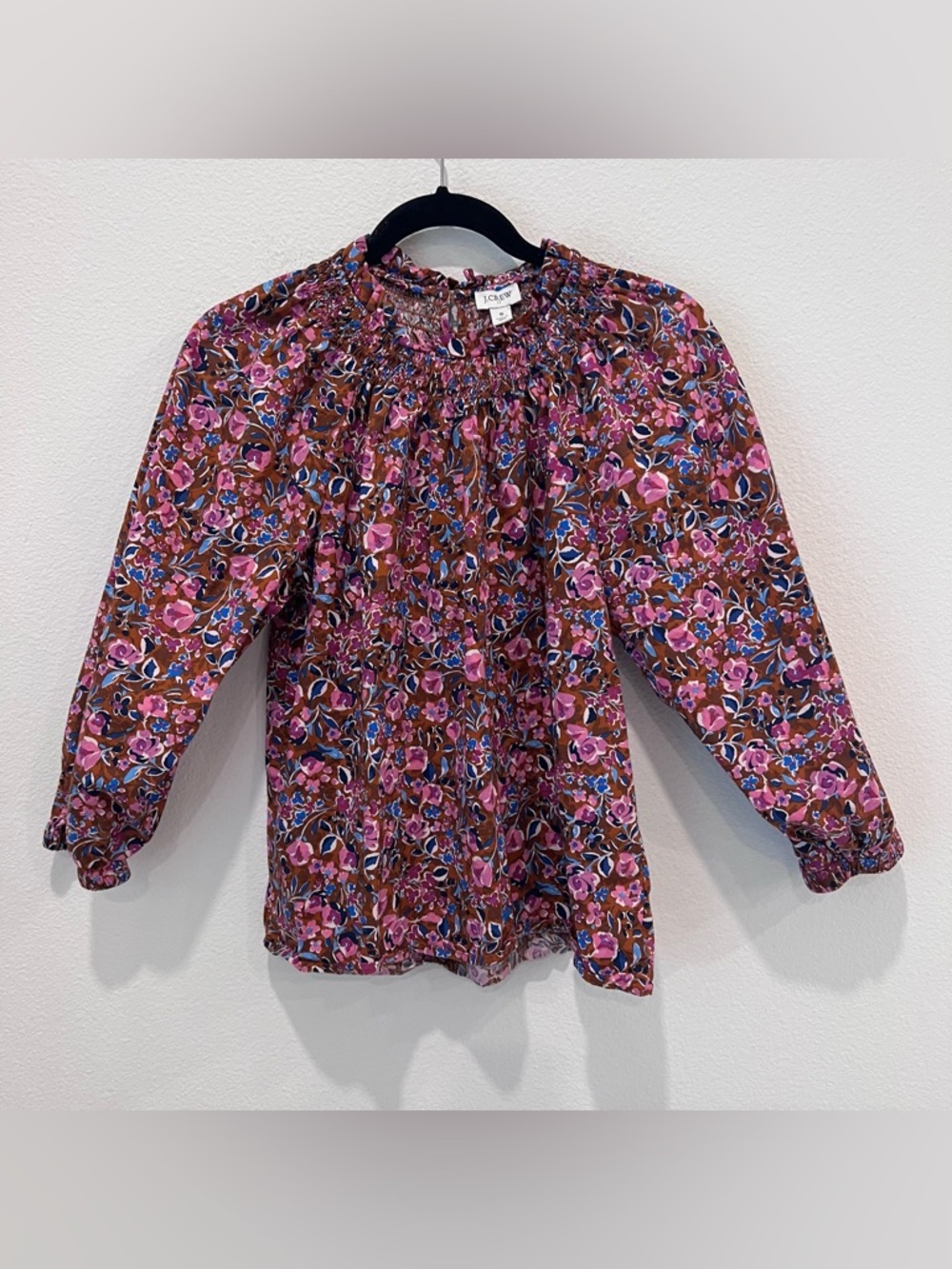 J.Crew Floral Print Smocked‎ Neck Long Sleeve Top multi Small Peasant Cottage